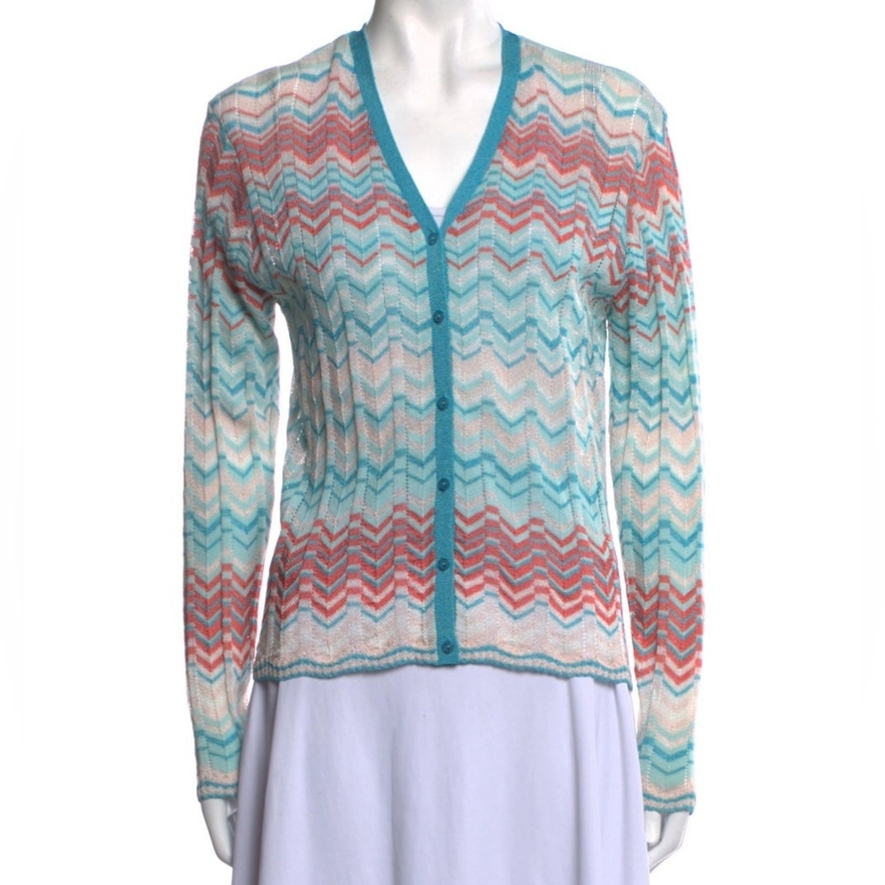 Oscar De La Renta Chevron Stripe‎ Zigzag Cardigan Sweater XS Blue Pink Crochet